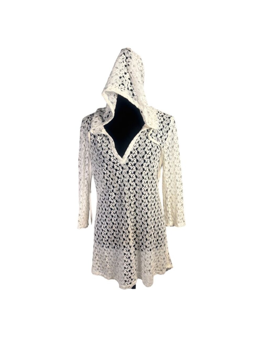 Solitaire White Lace Hooded Swim Coverup Boho Beach Tunic Medium
